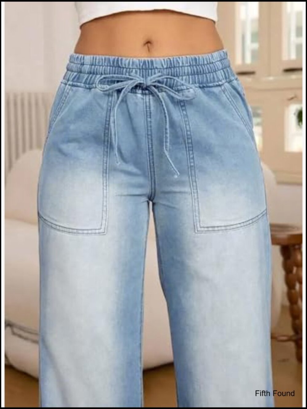 Plus Size High Waisted Straight Leg Drawstring Denim Pants Stretchy - Picture 2 of 7